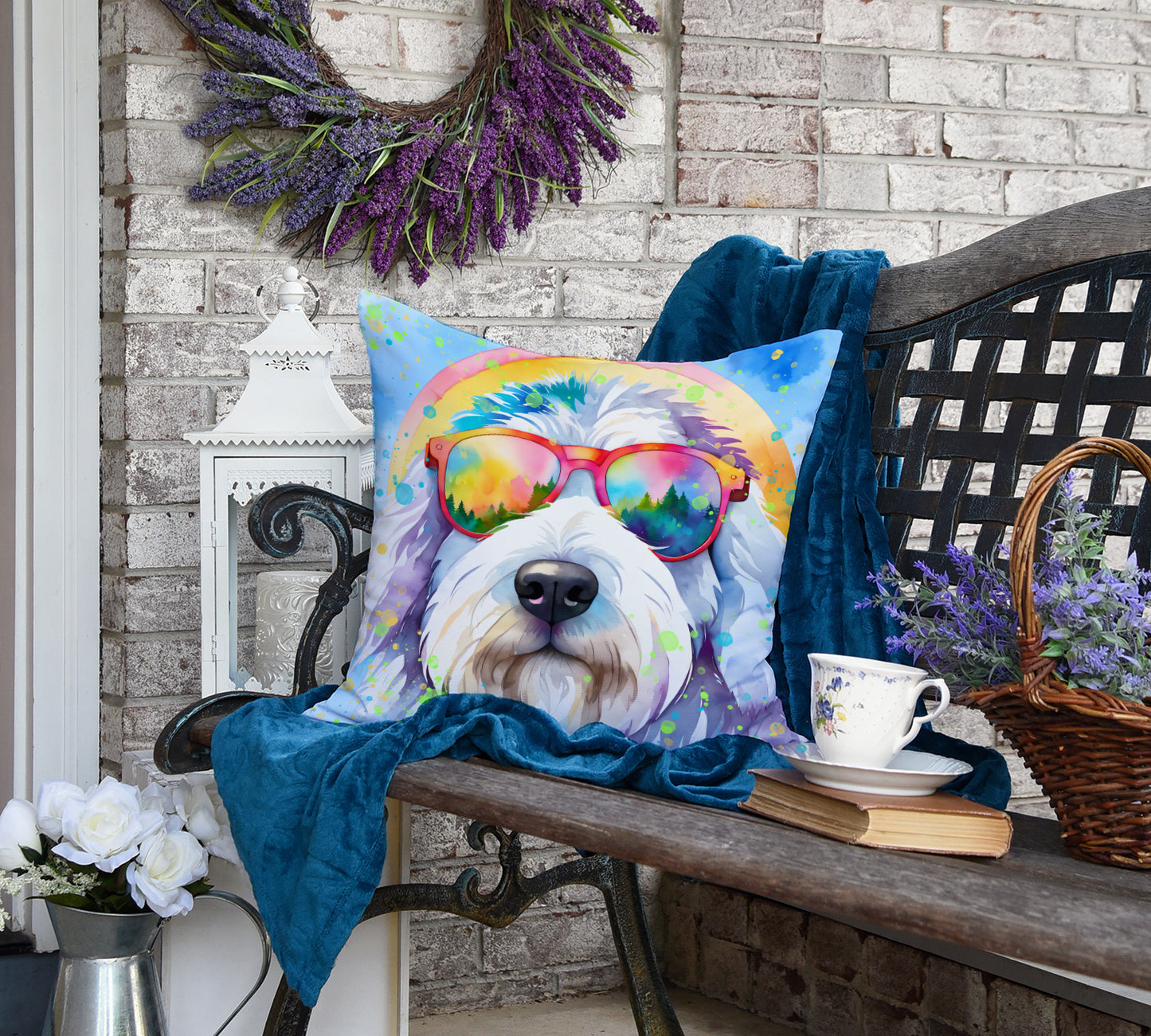 Old English Sheepdog Hippie Dawg Throw Pillow