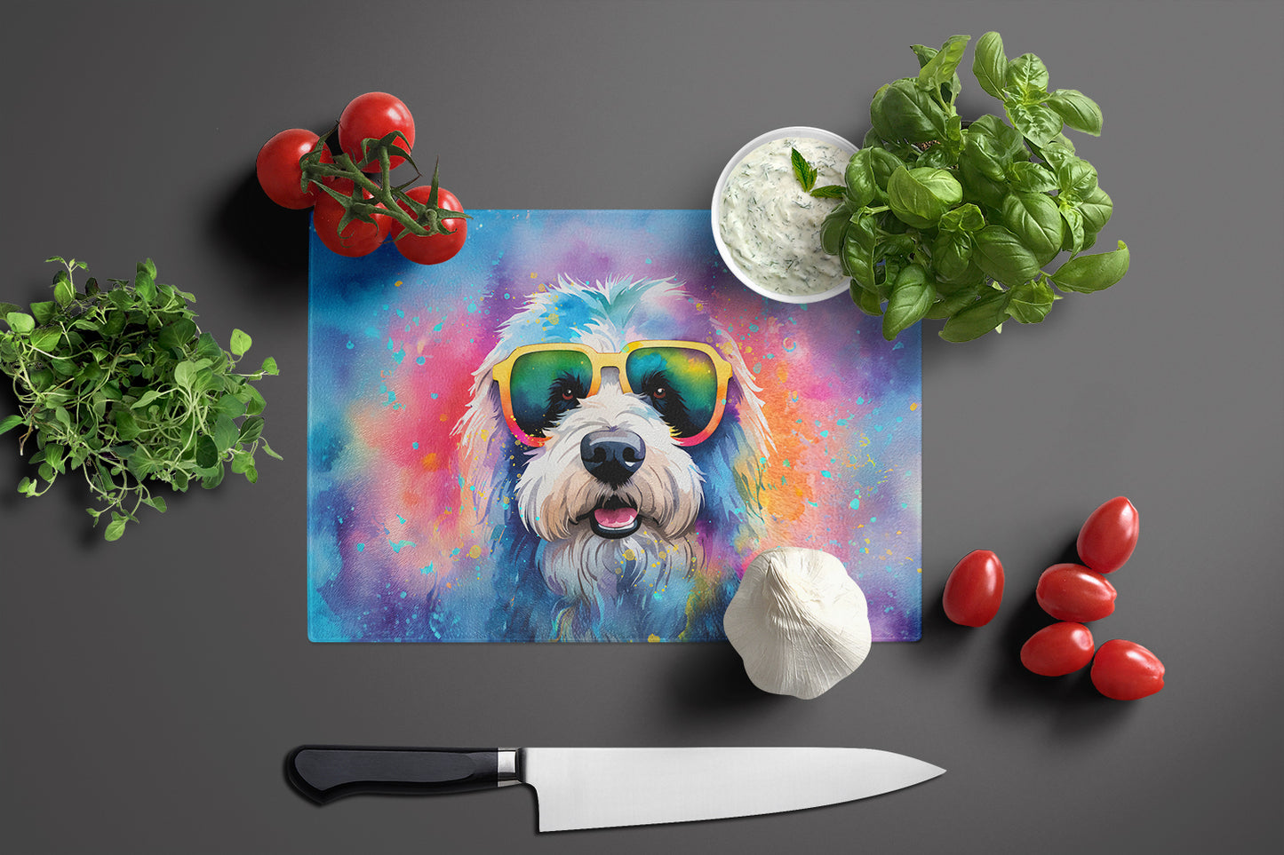 Old English Sheepdog Hippie Dawg Glass Cutting Board