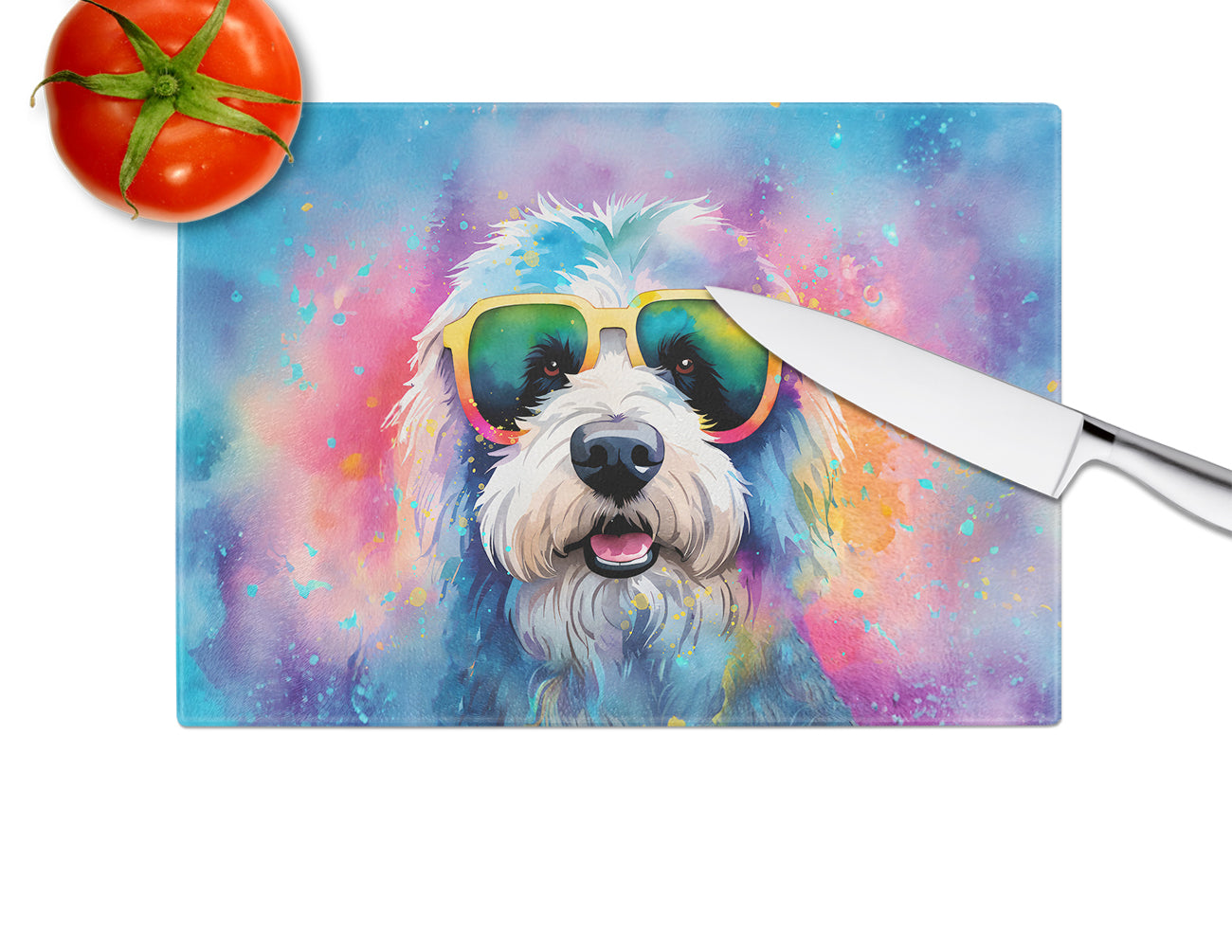 Old English Sheepdog Hippie Dawg Glass Cutting Board