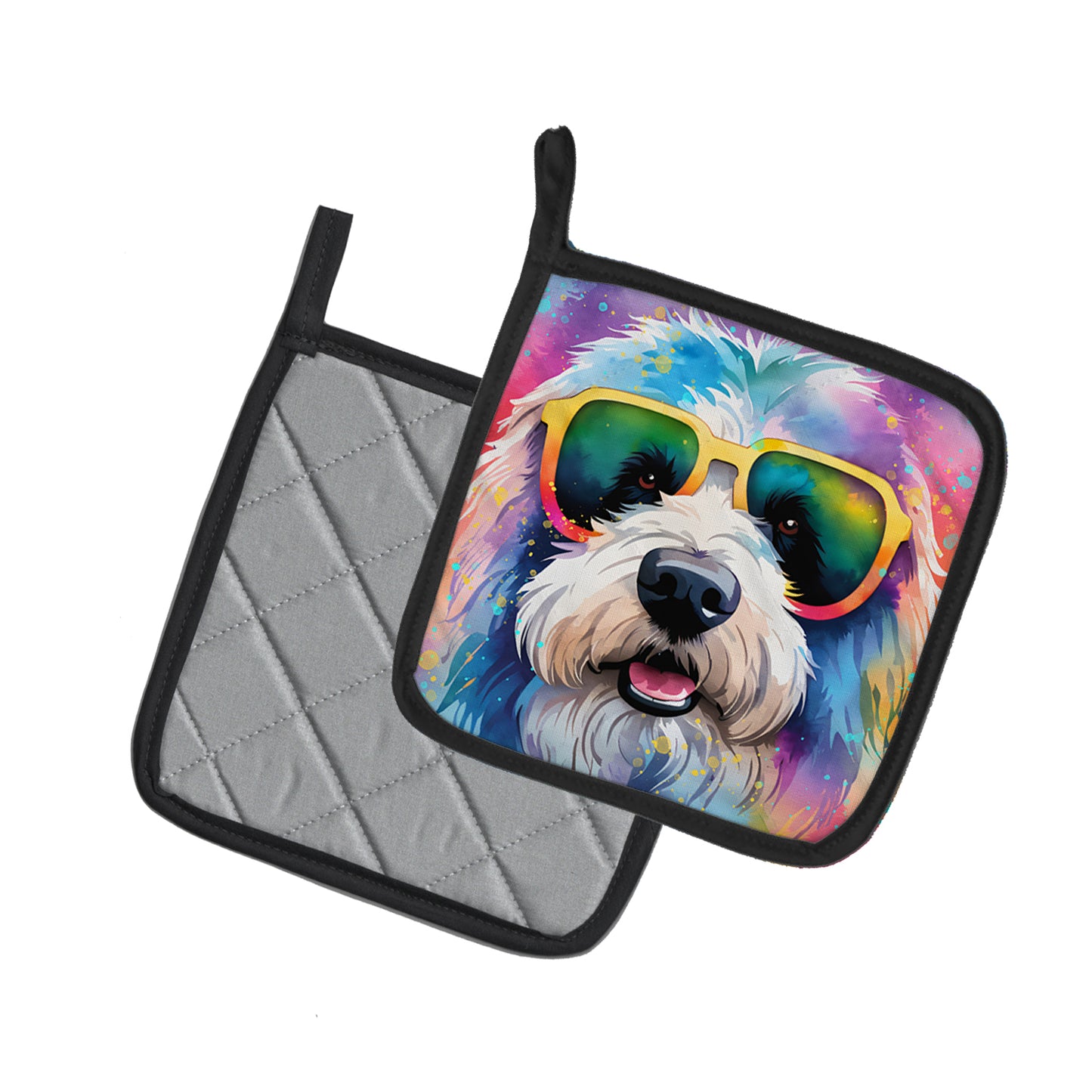 Old English Sheepdog Hippie Dawg Pair of Pot Holders