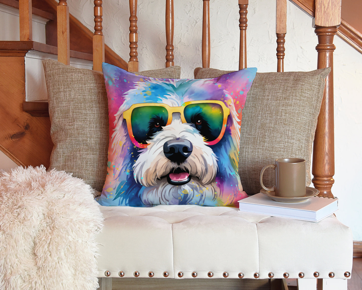 Old English Sheepdog Hippie Dawg Throw Pillow