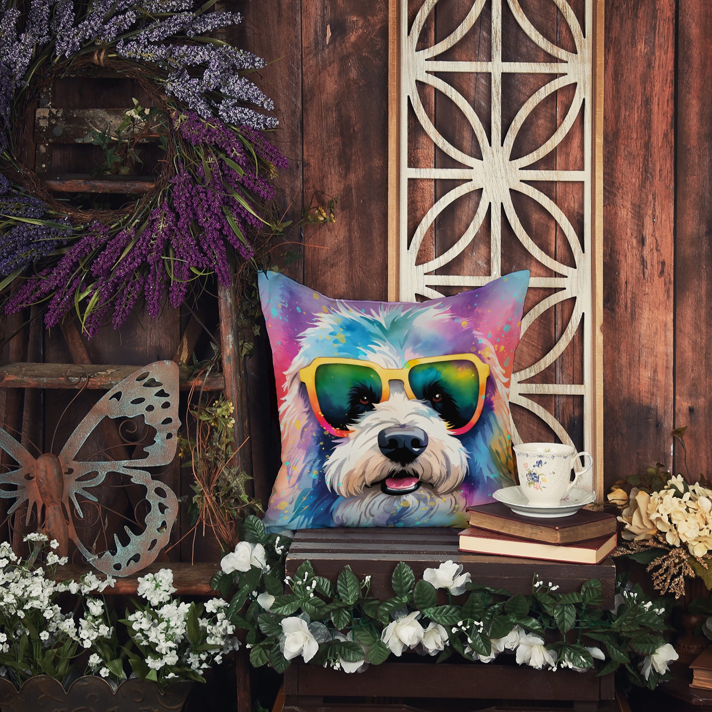 Old English Sheepdog Hippie Dawg Throw Pillow