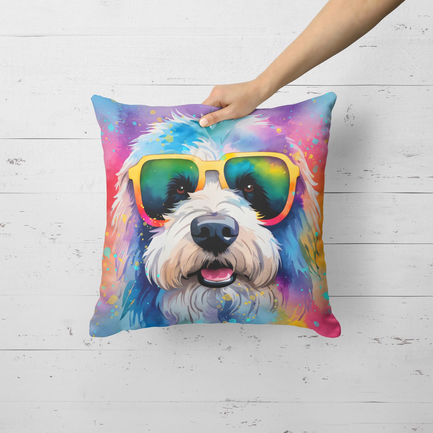 Old English Sheepdog Hippie Dawg Throw Pillow