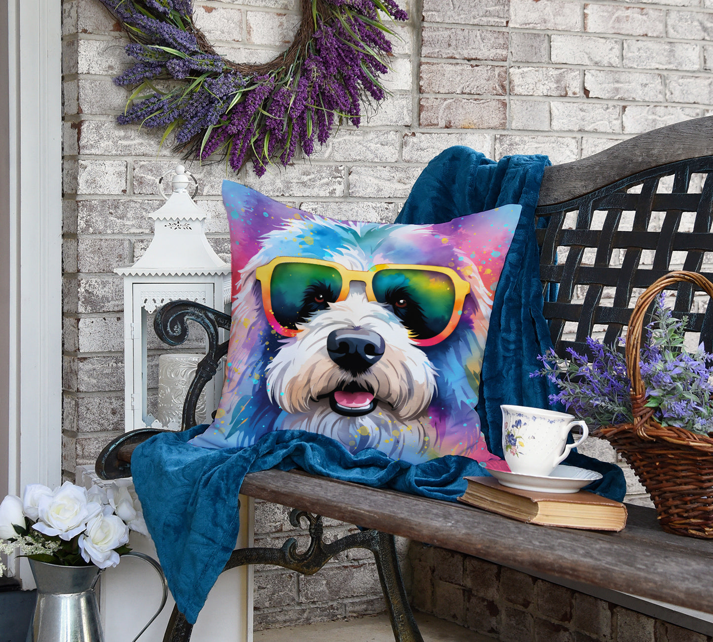 Old English Sheepdog Hippie Dawg Throw Pillow