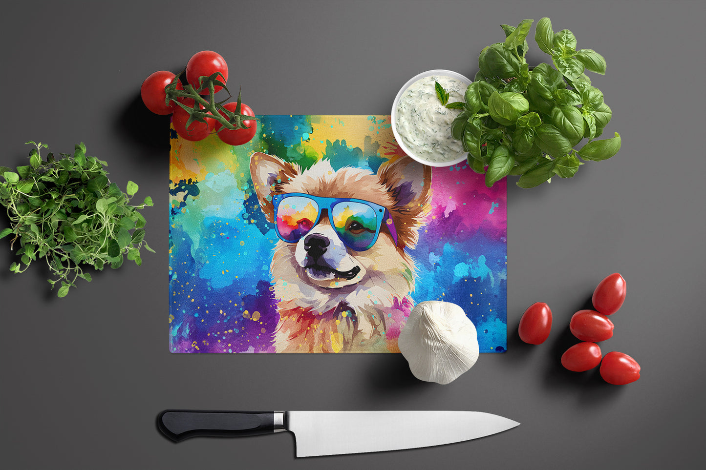 Pomeranian Hippie Dawg Glass Cutting Board