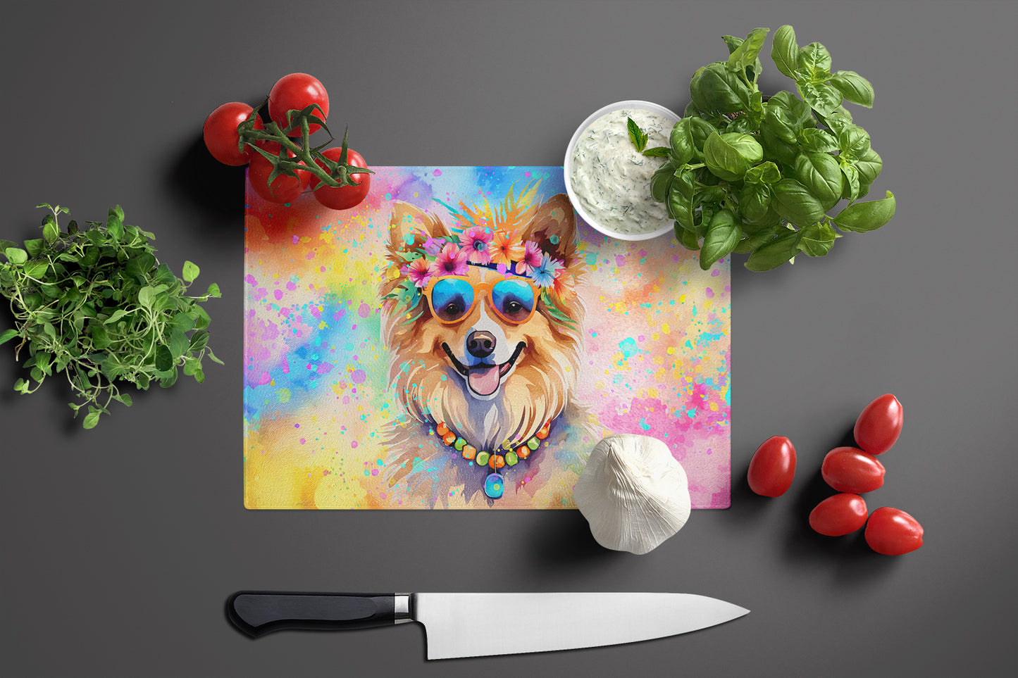 Pomeranian Hippie Dawg Glass Cutting Board