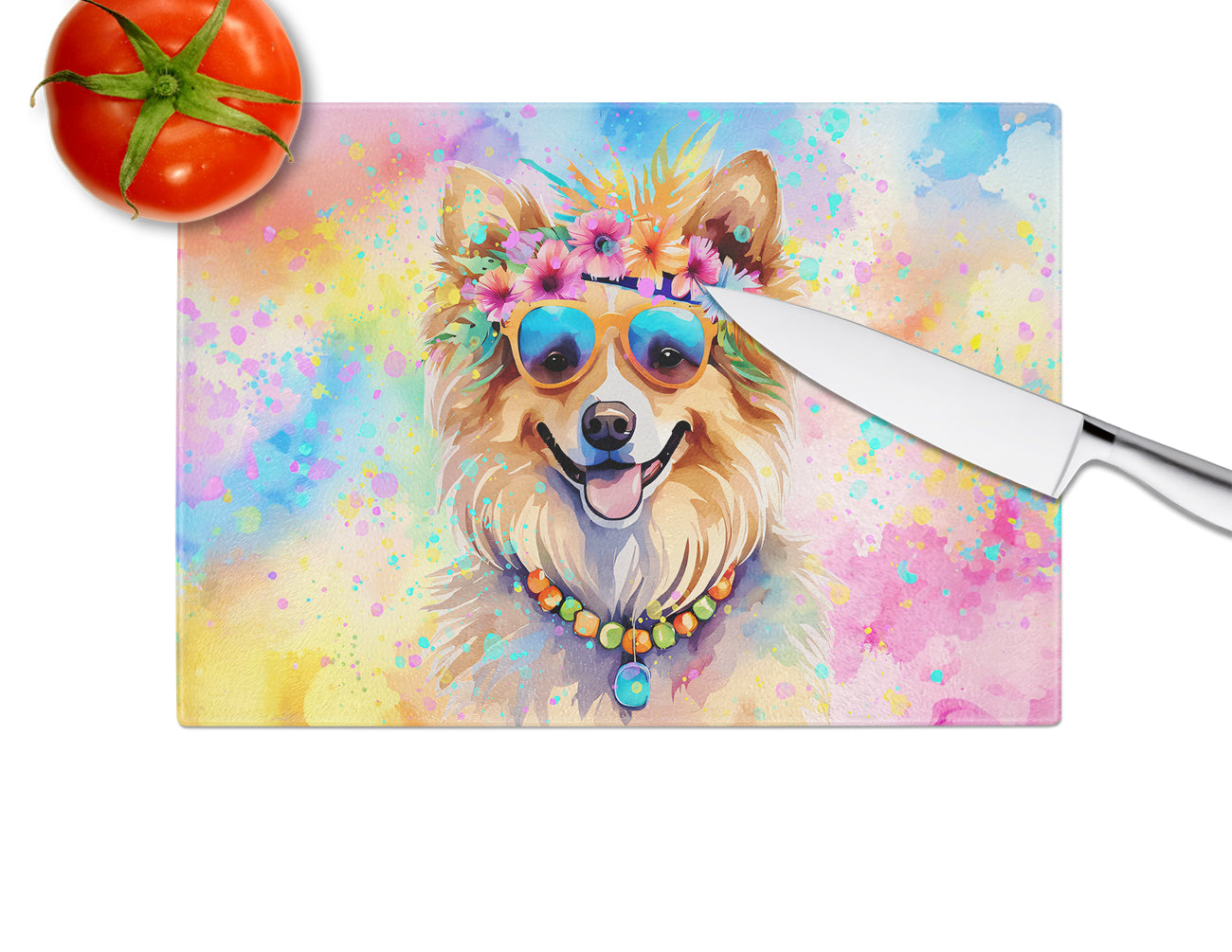 Pomeranian Hippie Dawg Glass Cutting Board