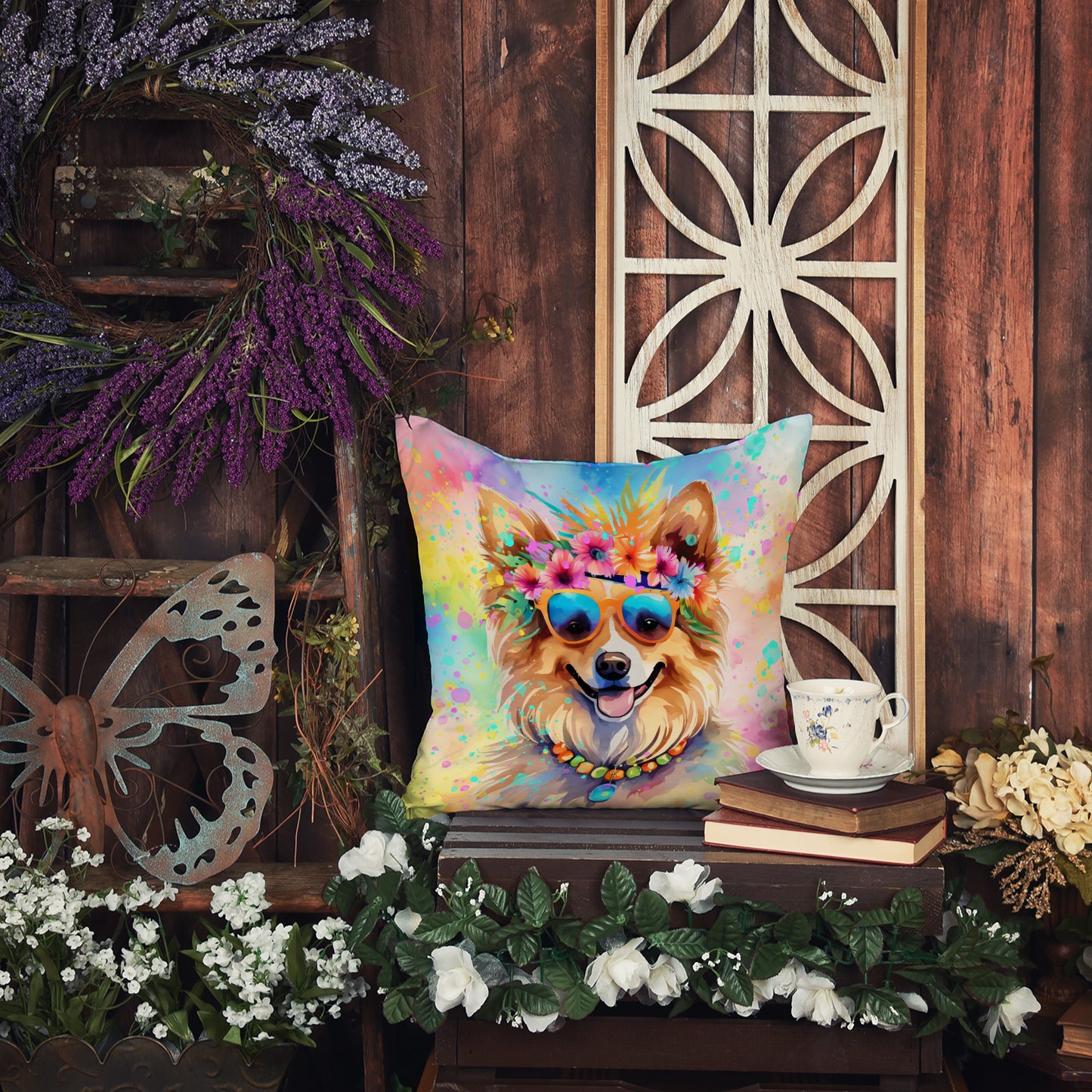 Pomeranian Hippie Dawg Throw Pillow