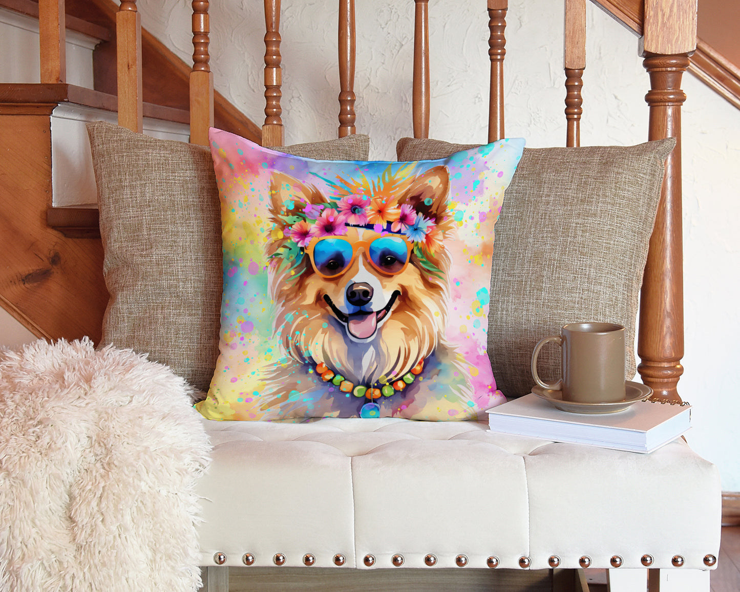 Pomeranian Hippie Dawg Throw Pillow