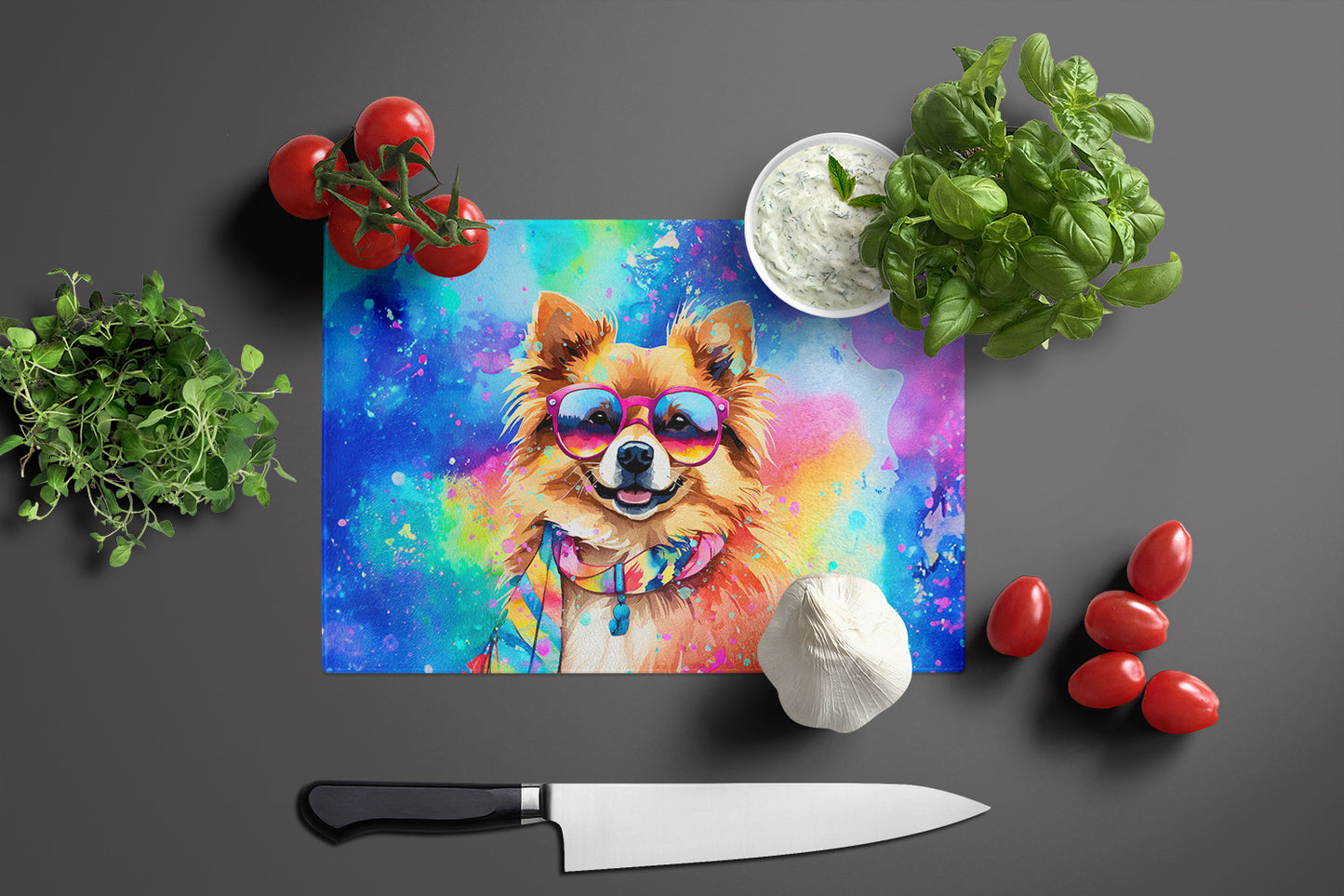 Pomeranian Hippie Dawg Glass Cutting Board