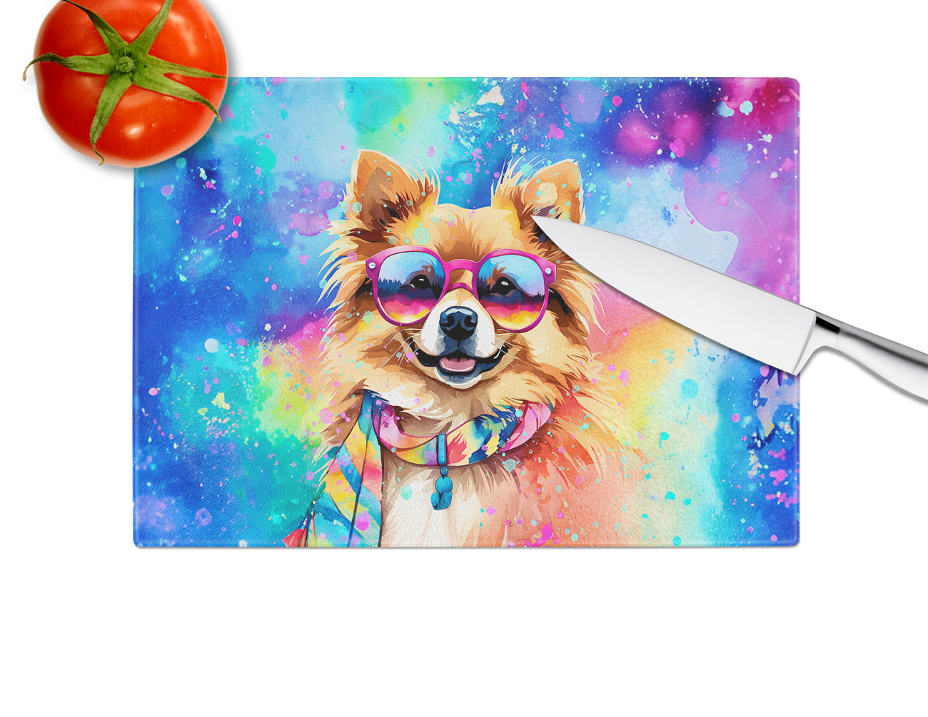 Pomeranian Hippie Dawg Glass Cutting Board