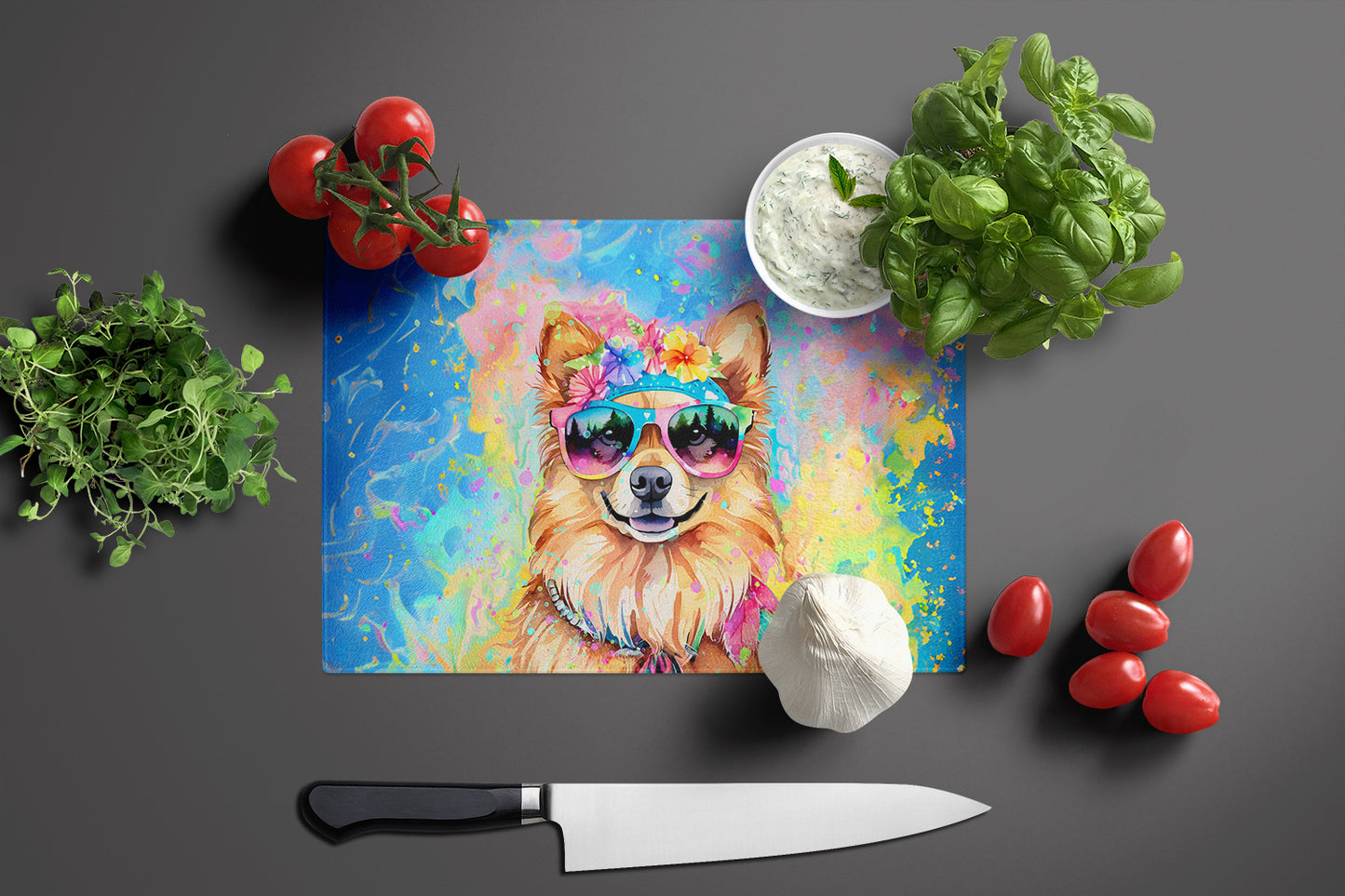 Pomeranian Hippie Dawg Glass Cutting Board