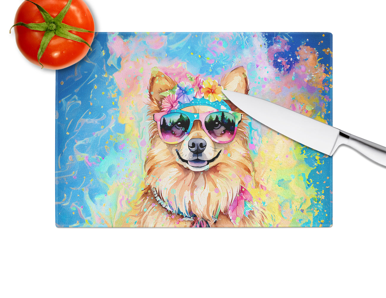 Pomeranian Hippie Dawg Glass Cutting Board