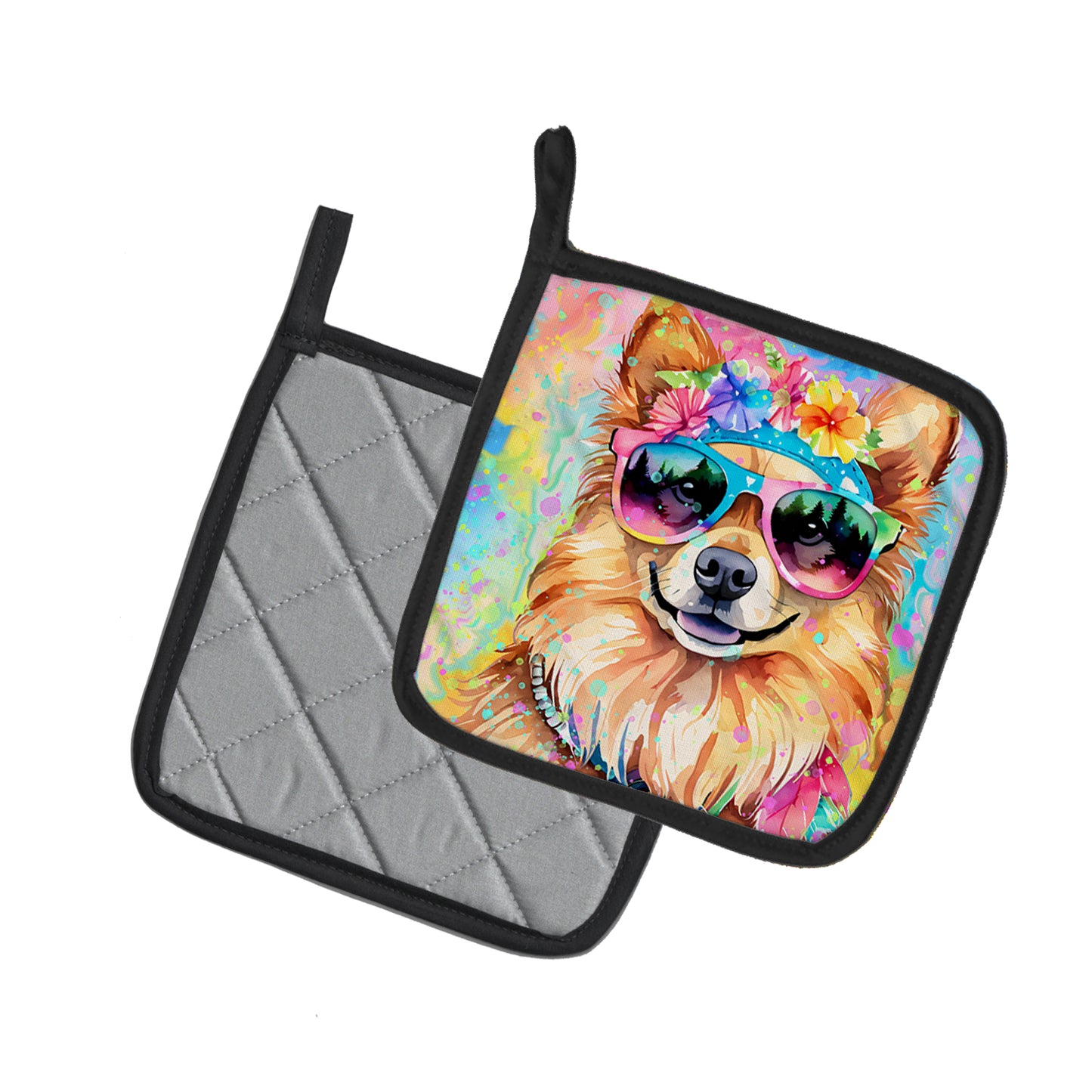 Pomeranian Hippie Dawg Pair of Pot Holders