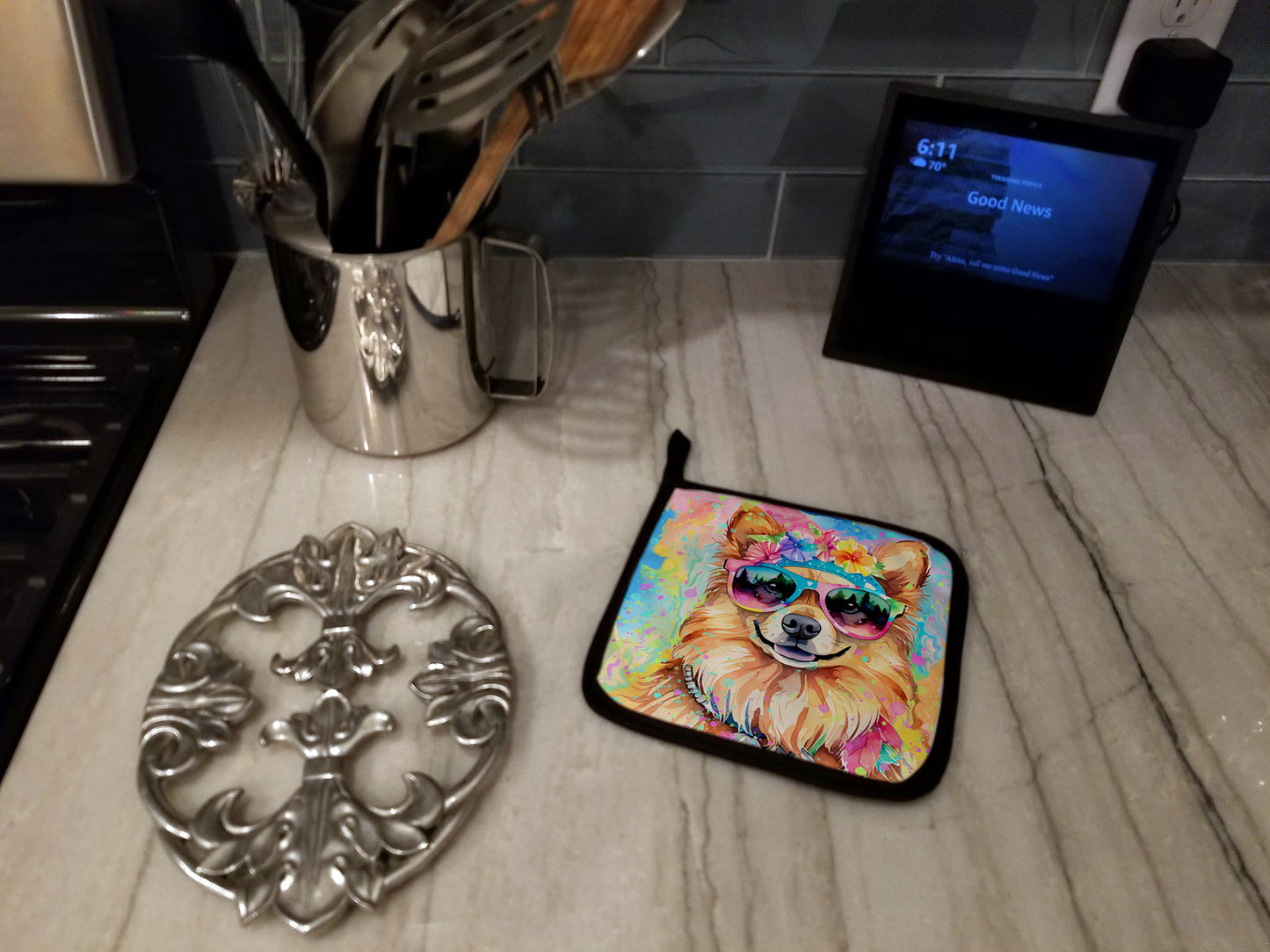 Pomeranian Hippie Dawg Pair of Pot Holders