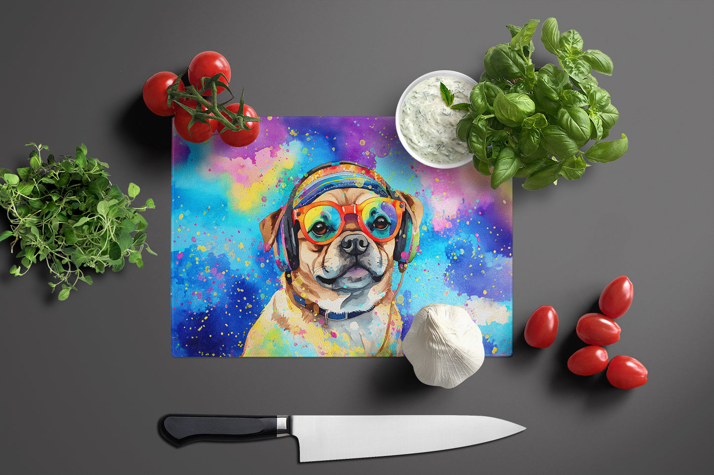 Pug Hippie Dawg Glass Cutting Board