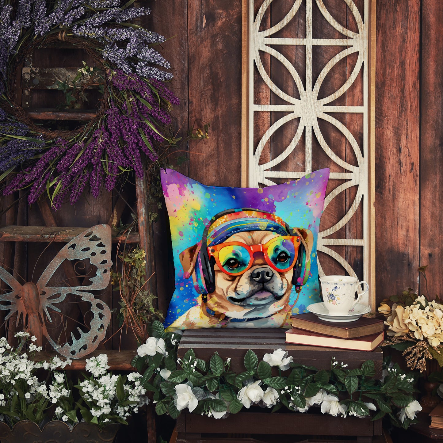 Pug Hippie Dawg Throw Pillow