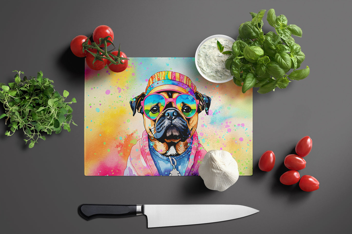 Pug Hippie Dawg Glass Cutting Board