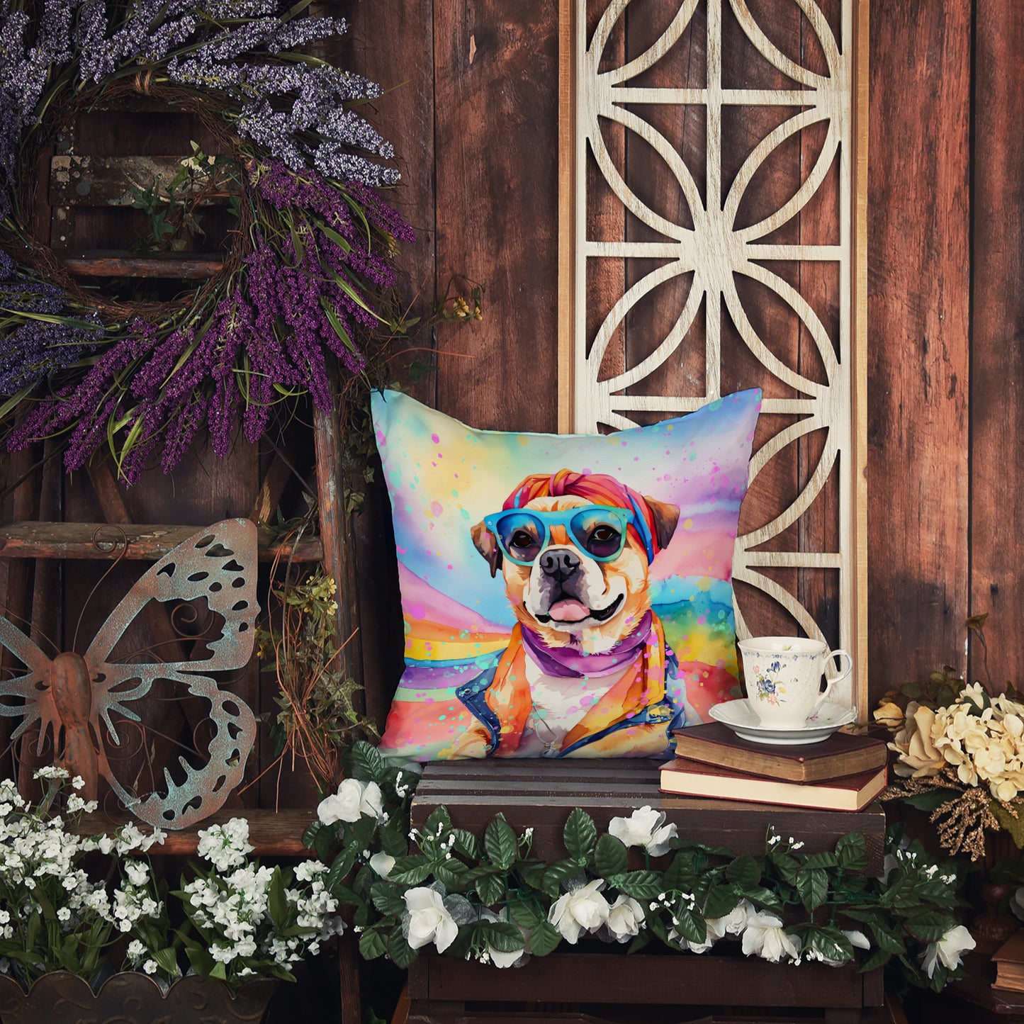 Pug Hippie Dawg Throw Pillow