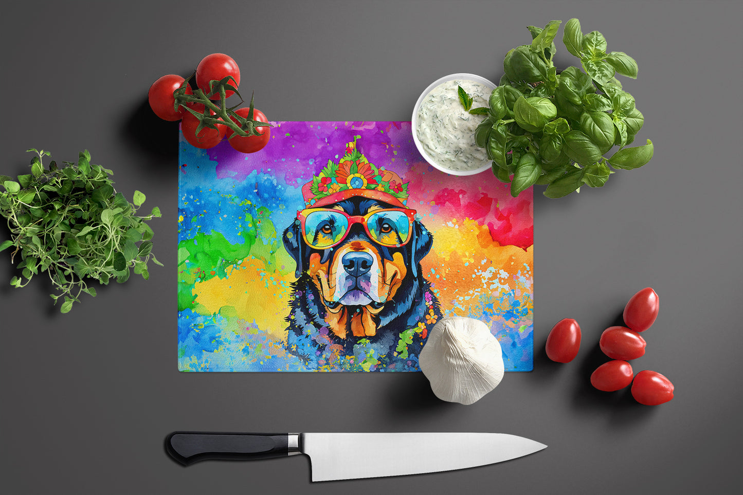 Rottweiler Hippie Dawg Glass Cutting Board