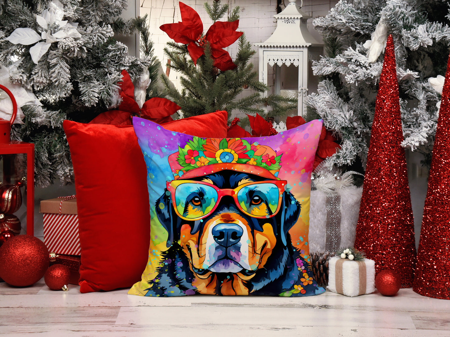 Rottweiler Hippie Dawg Throw Pillow