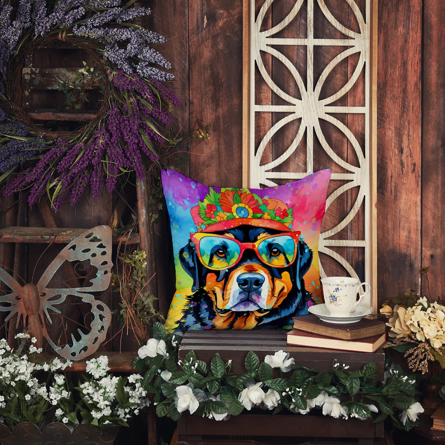 Rottweiler Hippie Dawg Throw Pillow