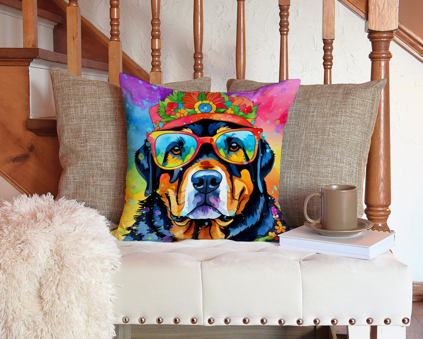 Rottweiler Hippie Dawg Throw Pillow