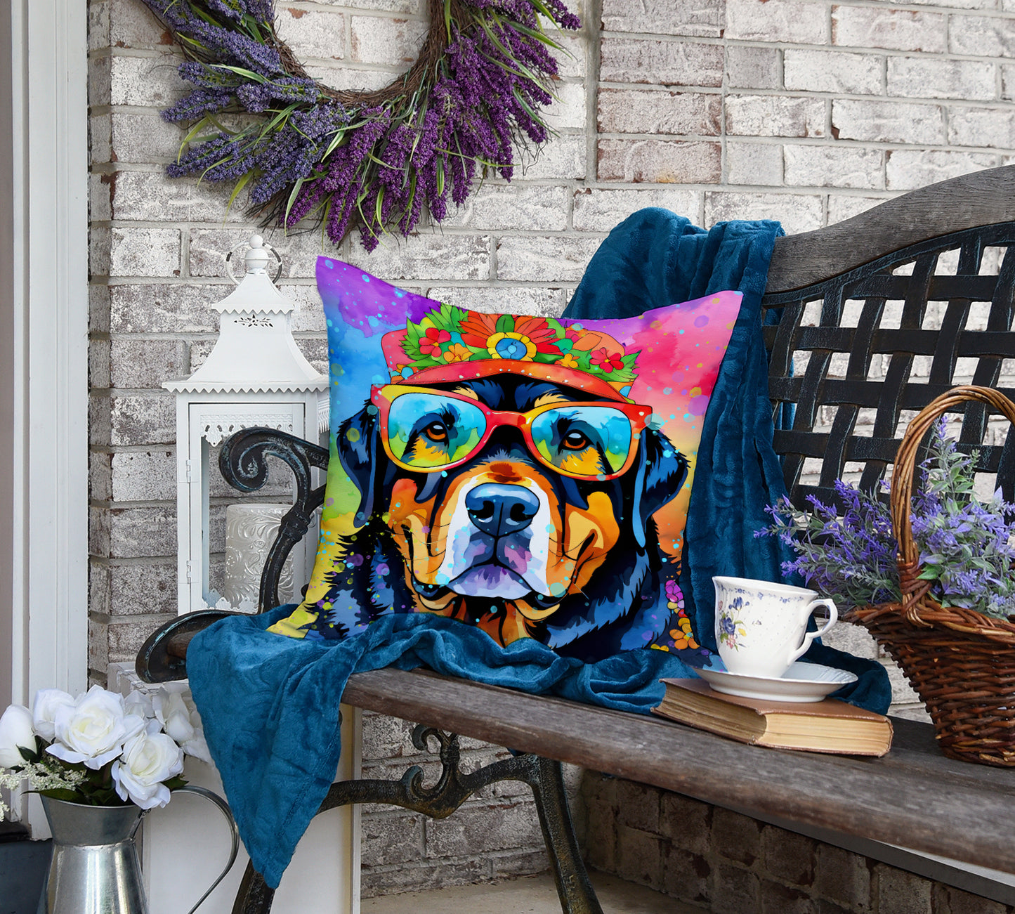 Rottweiler Hippie Dawg Throw Pillow