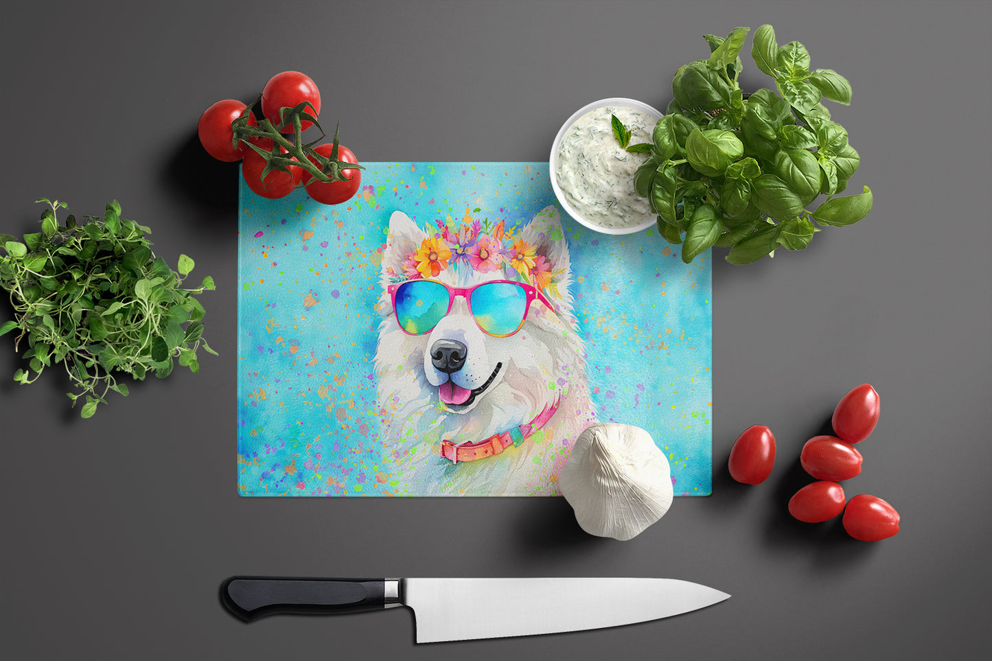 Samoyed Hippie Dawg Glass Cutting Board