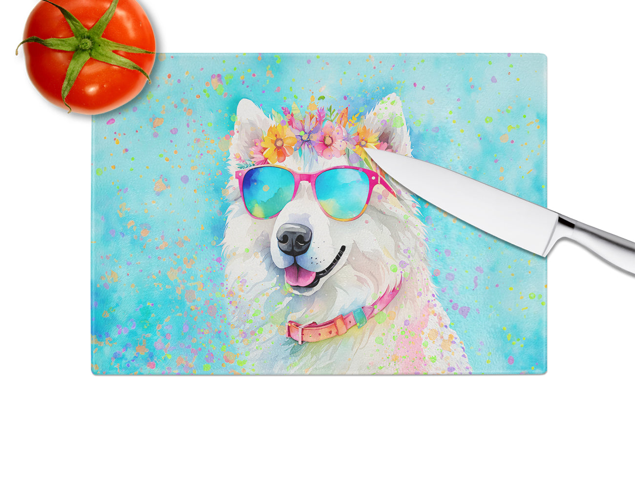 Samoyed Hippie Dawg Glass Cutting Board