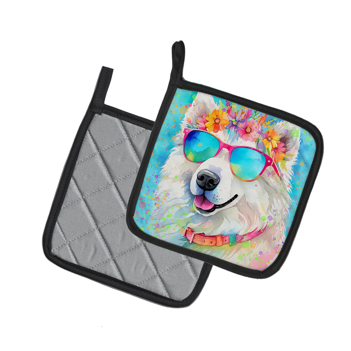 Samoyed Hippie Dawg Pair of Pot Holders