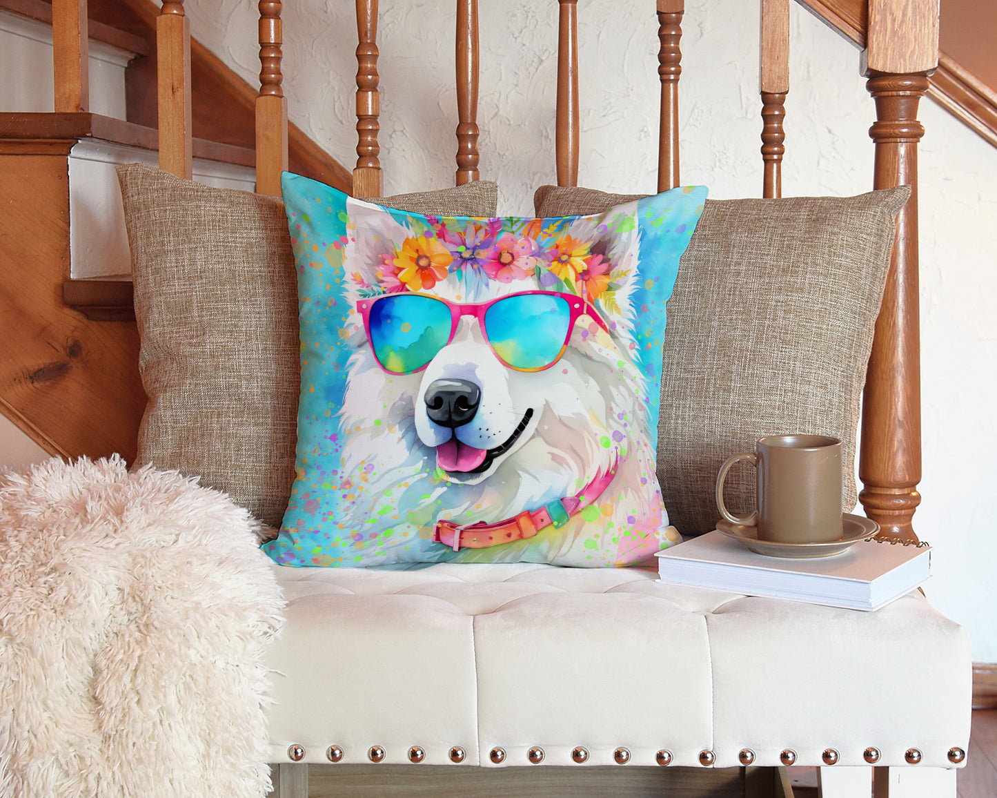 Samoyed Hippie Dawg Throw Pillow