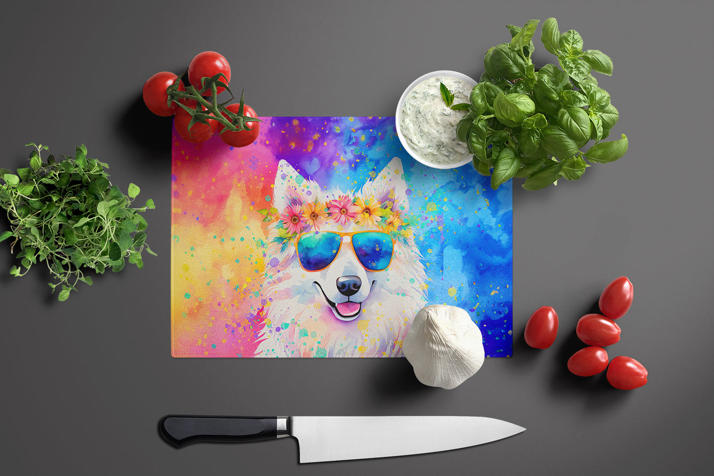 Samoyed Hippie Dawg Glass Cutting Board