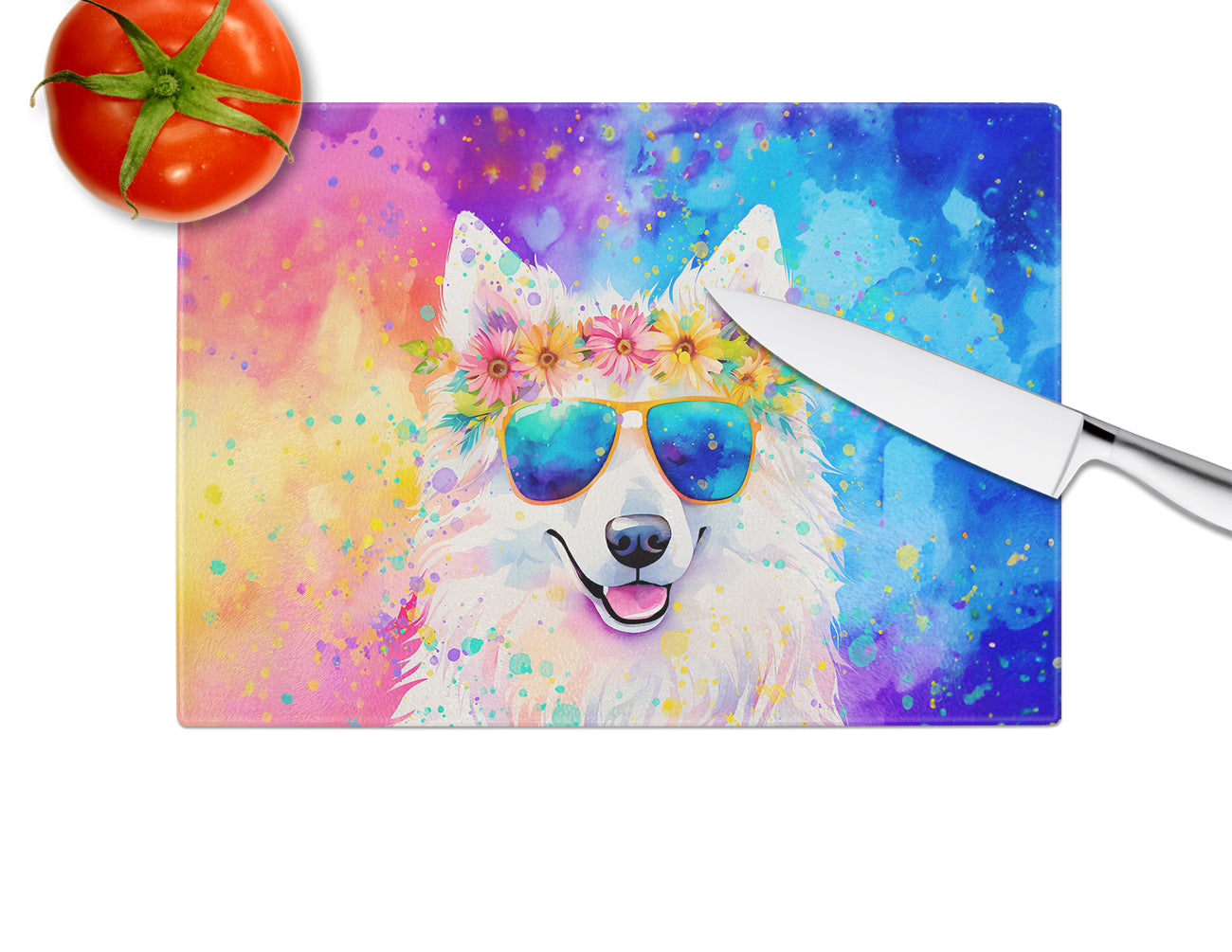 Samoyed Hippie Dawg Glass Cutting Board