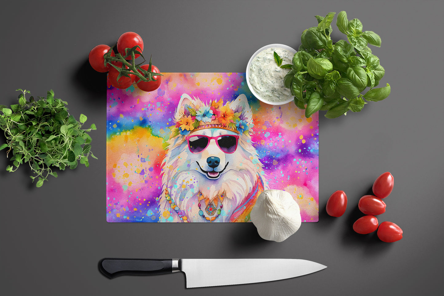 Samoyed Hippie Dawg Glass Cutting Board