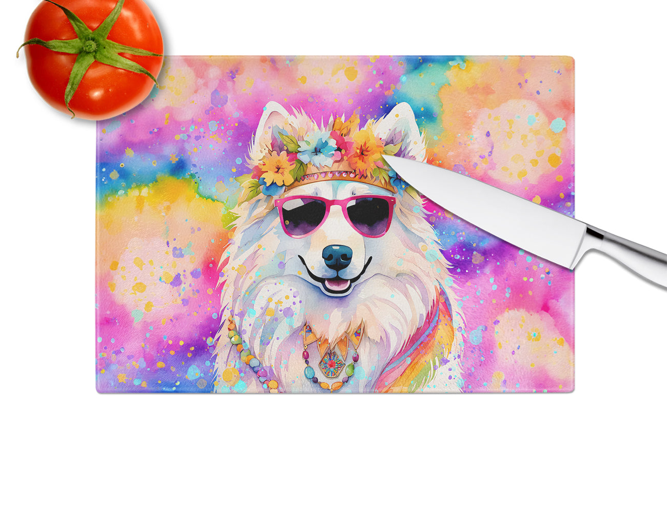 Samoyed Hippie Dawg Glass Cutting Board