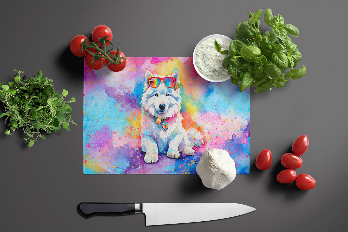 Samoyed Hippie Dawg Glass Cutting Board