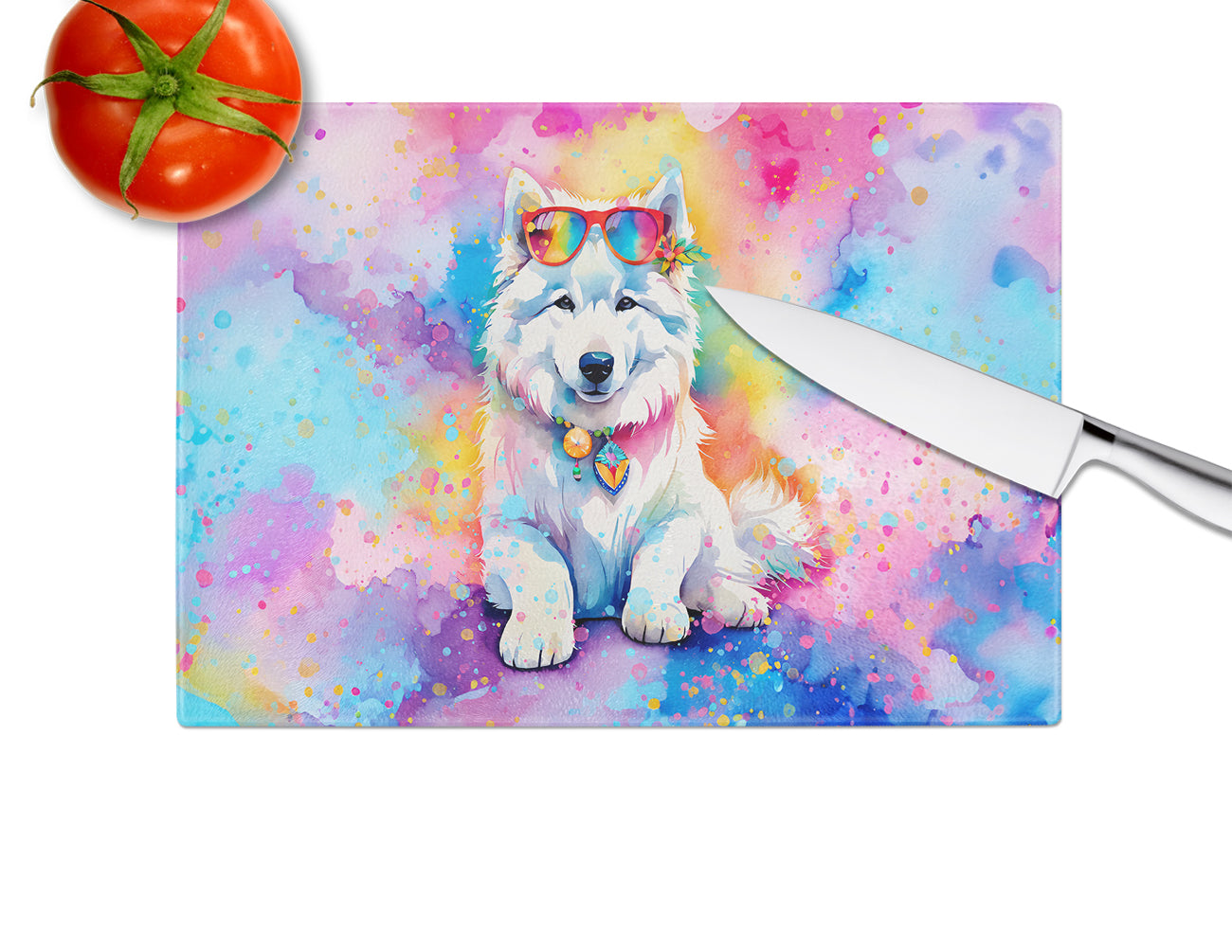 Samoyed Hippie Dawg Glass Cutting Board