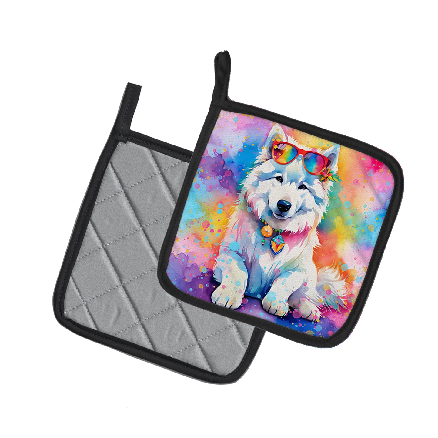 Samoyed Hippie Dawg Pair of Pot Holders