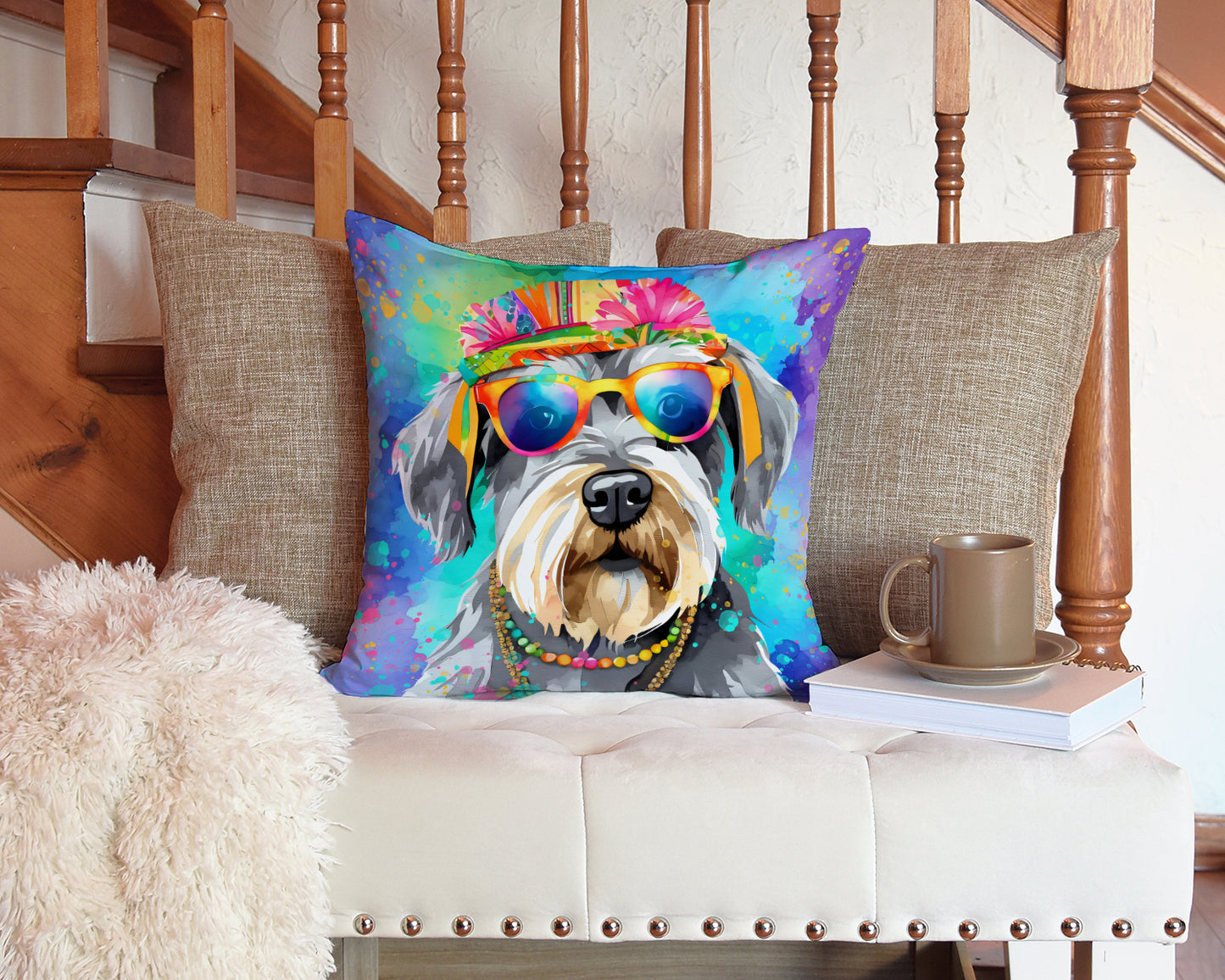 Schnauzer Hippie Dawg Throw Pillow