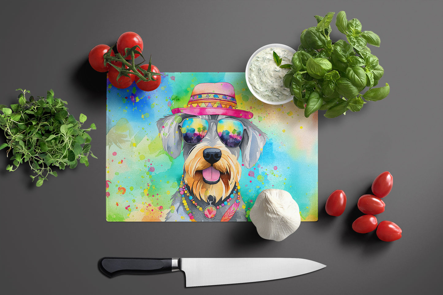 Schnauzer Hippie Dawg Glass Cutting Board