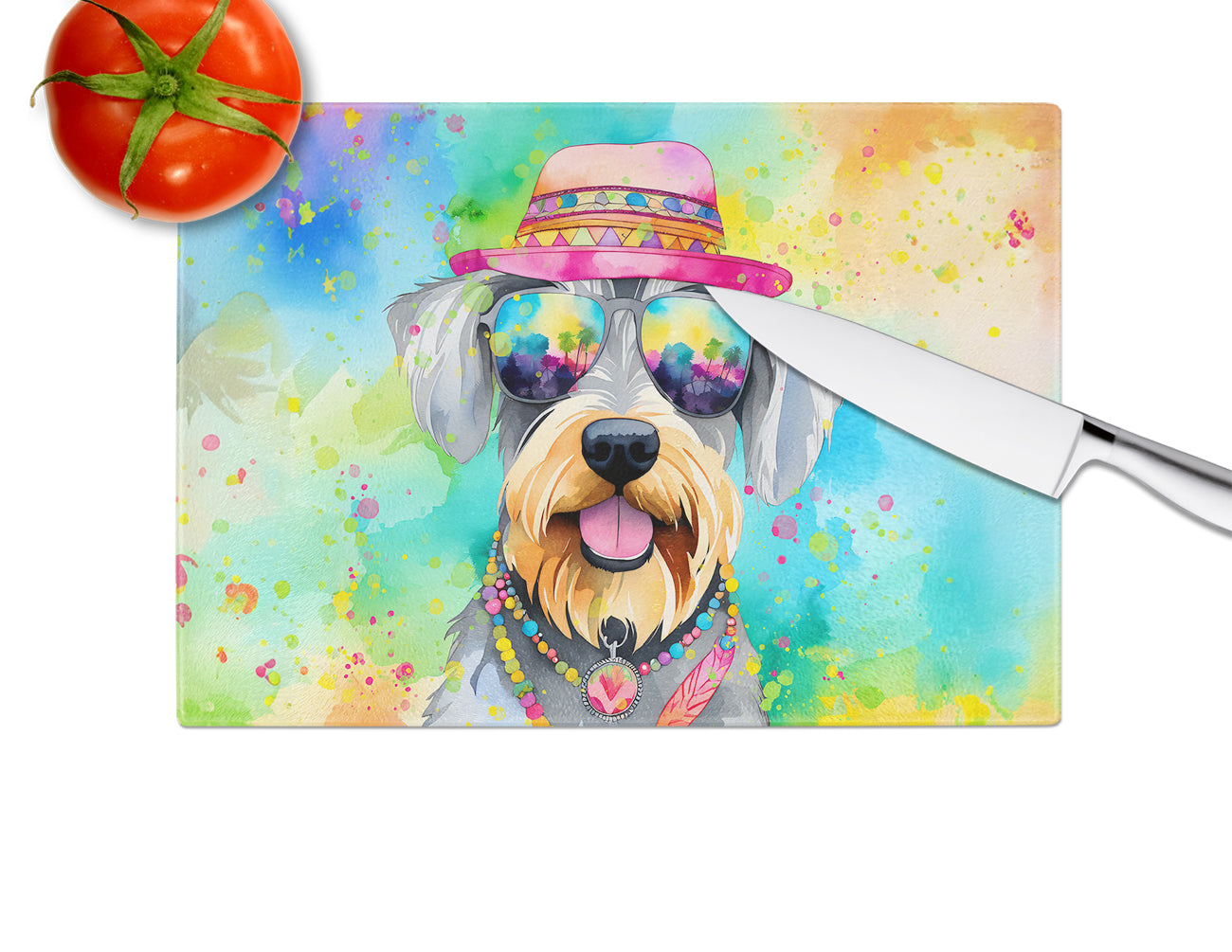 Schnauzer Hippie Dawg Glass Cutting Board