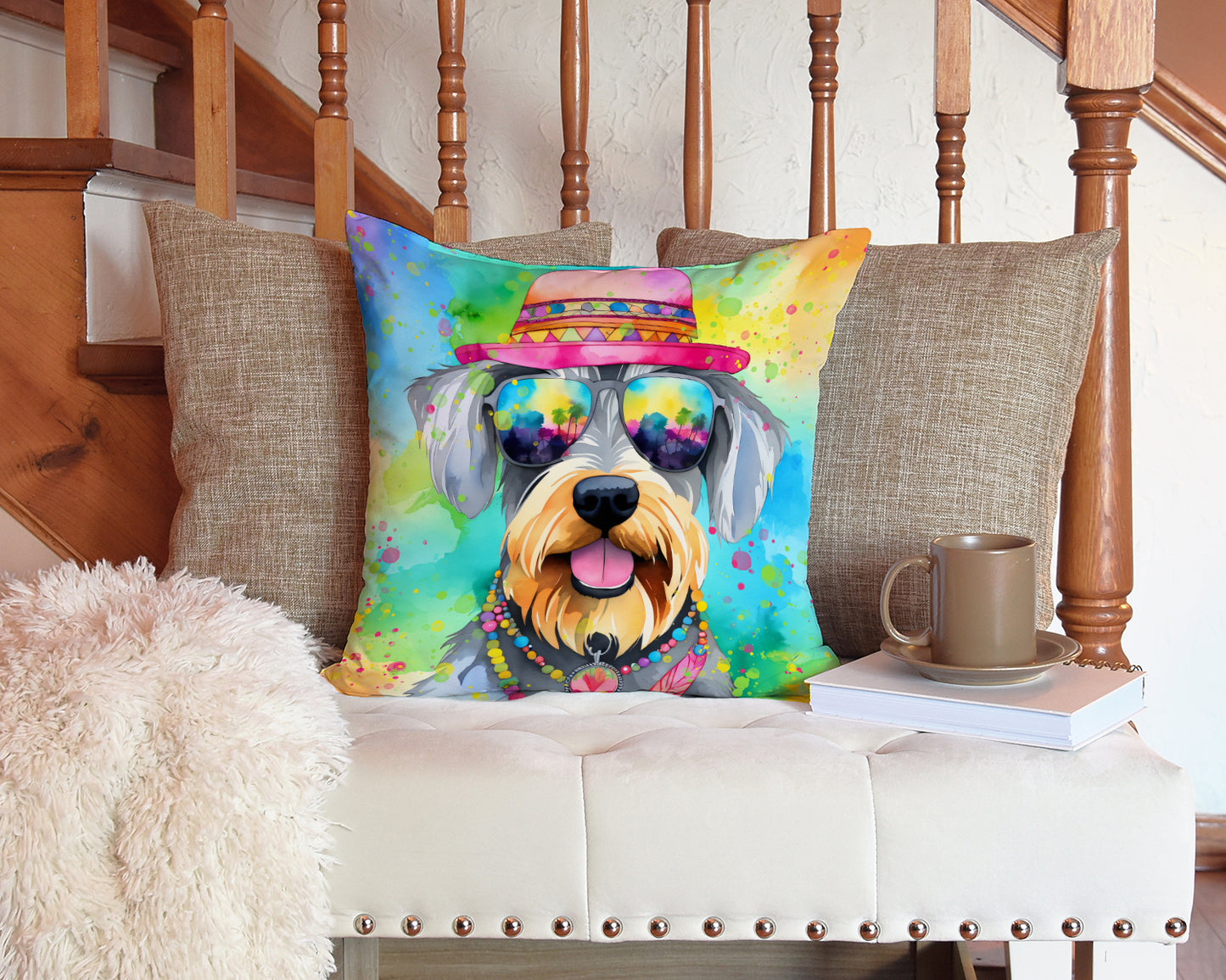 Schnauzer Hippie Dawg Throw Pillow