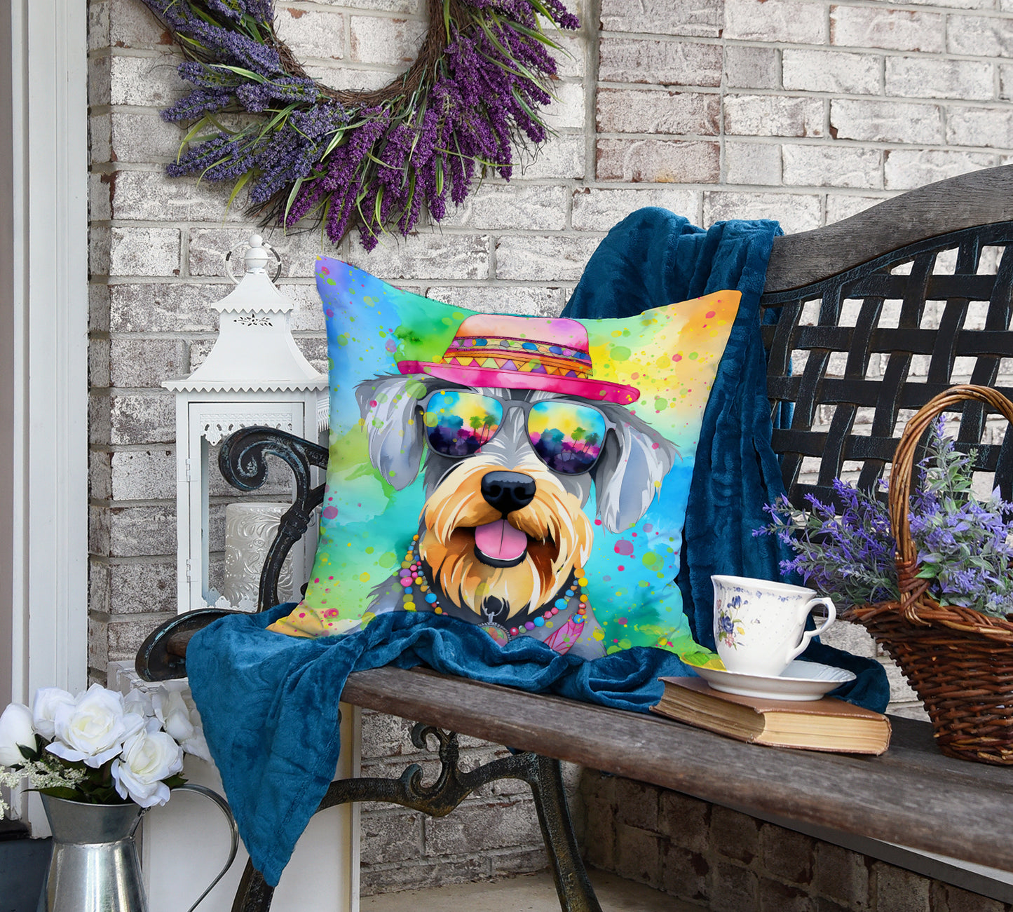 Schnauzer Hippie Dawg Throw Pillow