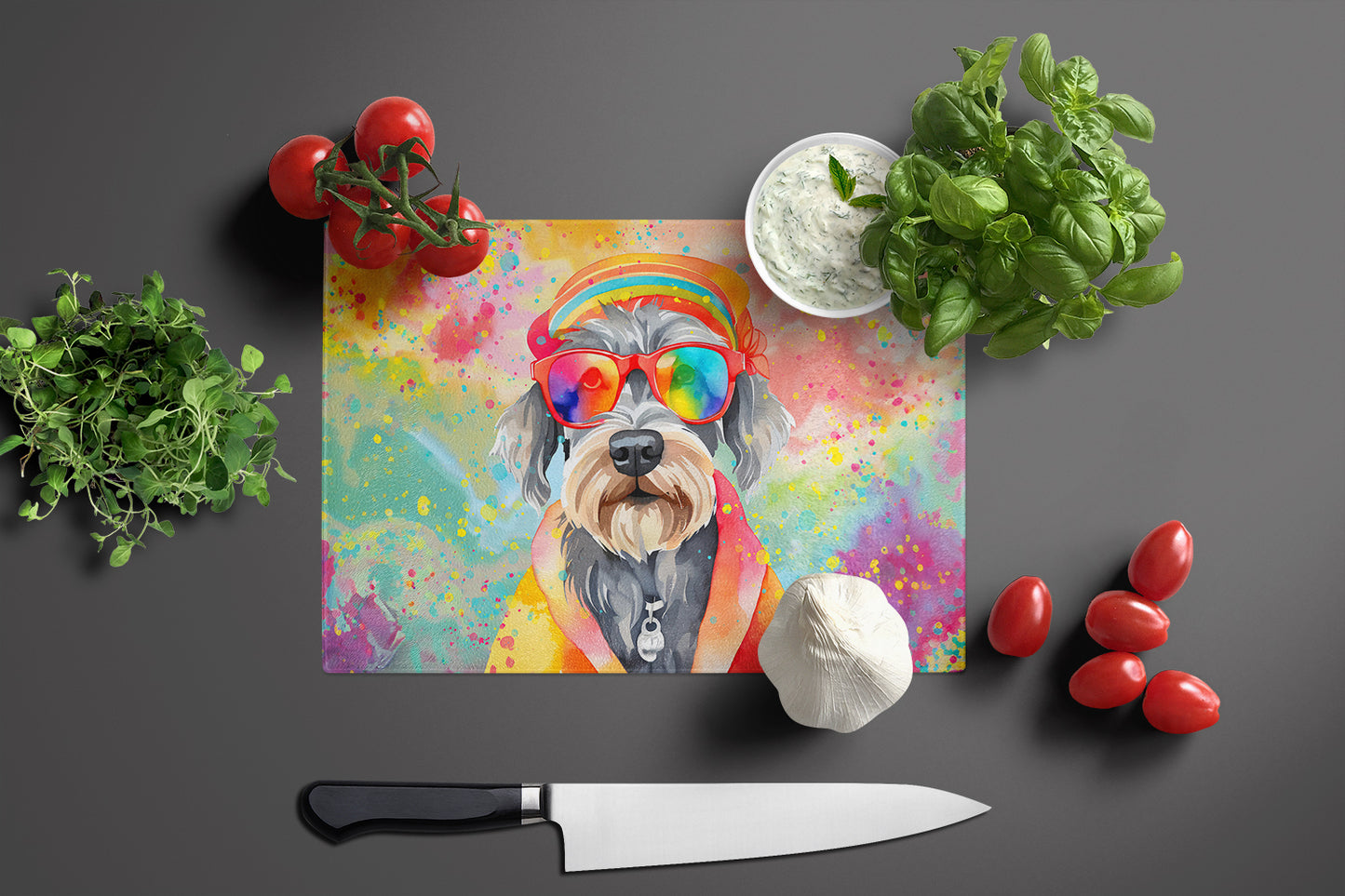 Schnauzer Hippie Dawg Glass Cutting Board