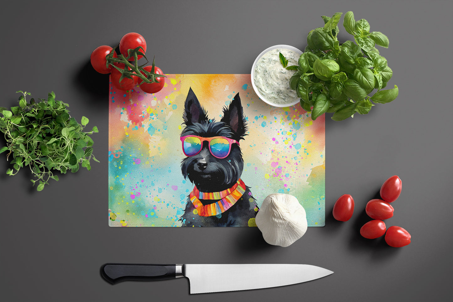 Scottish Terrier Hippie Dawg Glass Cutting Board