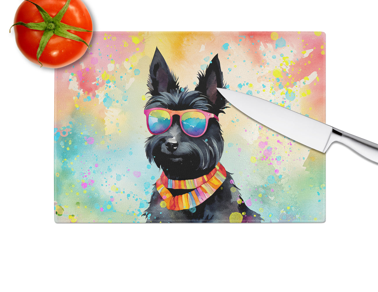 Scottish Terrier Hippie Dawg Glass Cutting Board