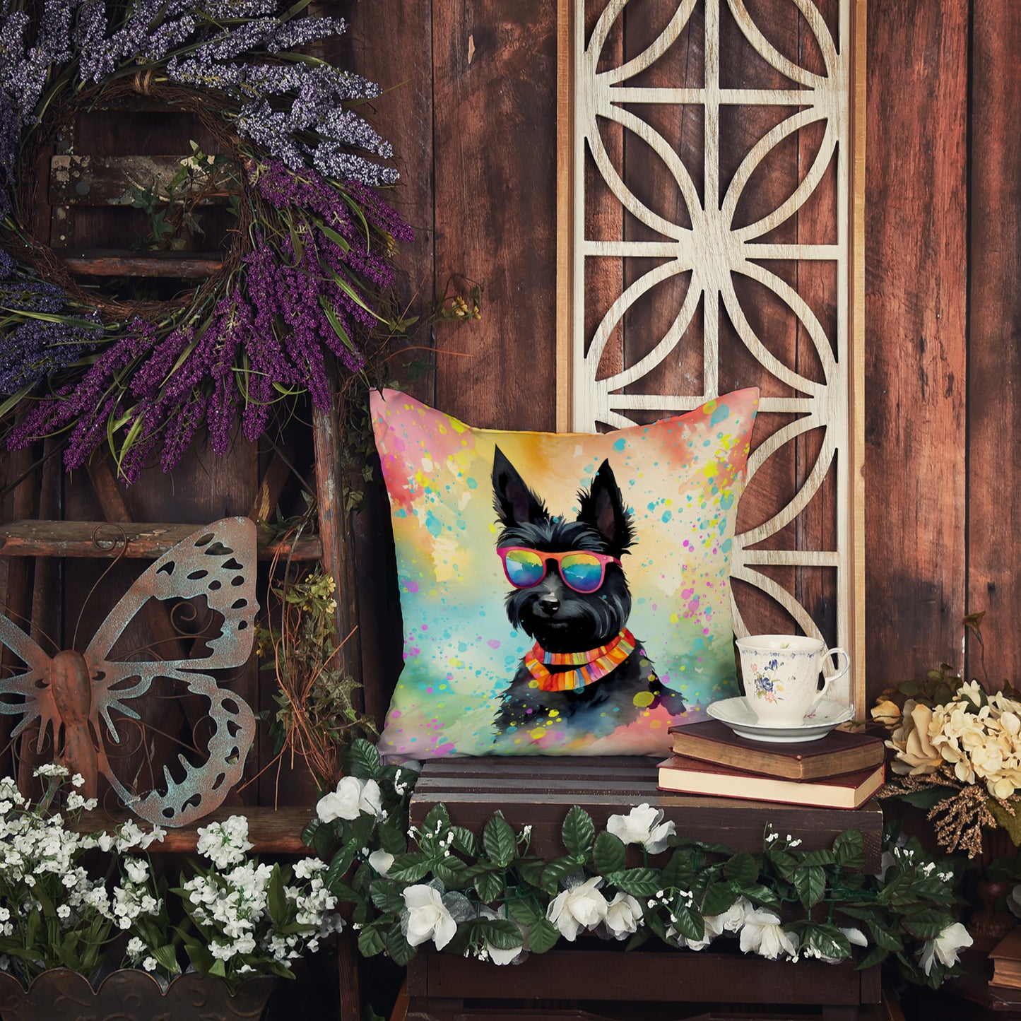 Scottish Terrier Hippie Dawg Throw Pillow