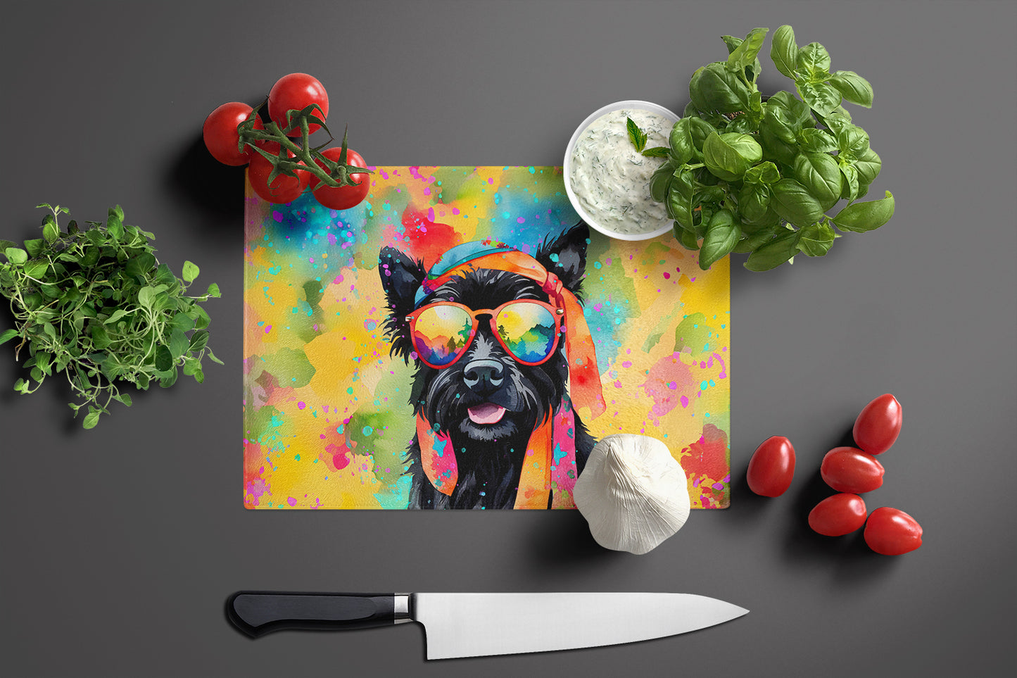 Scottish Terrier Hippie Dawg Glass Cutting Board