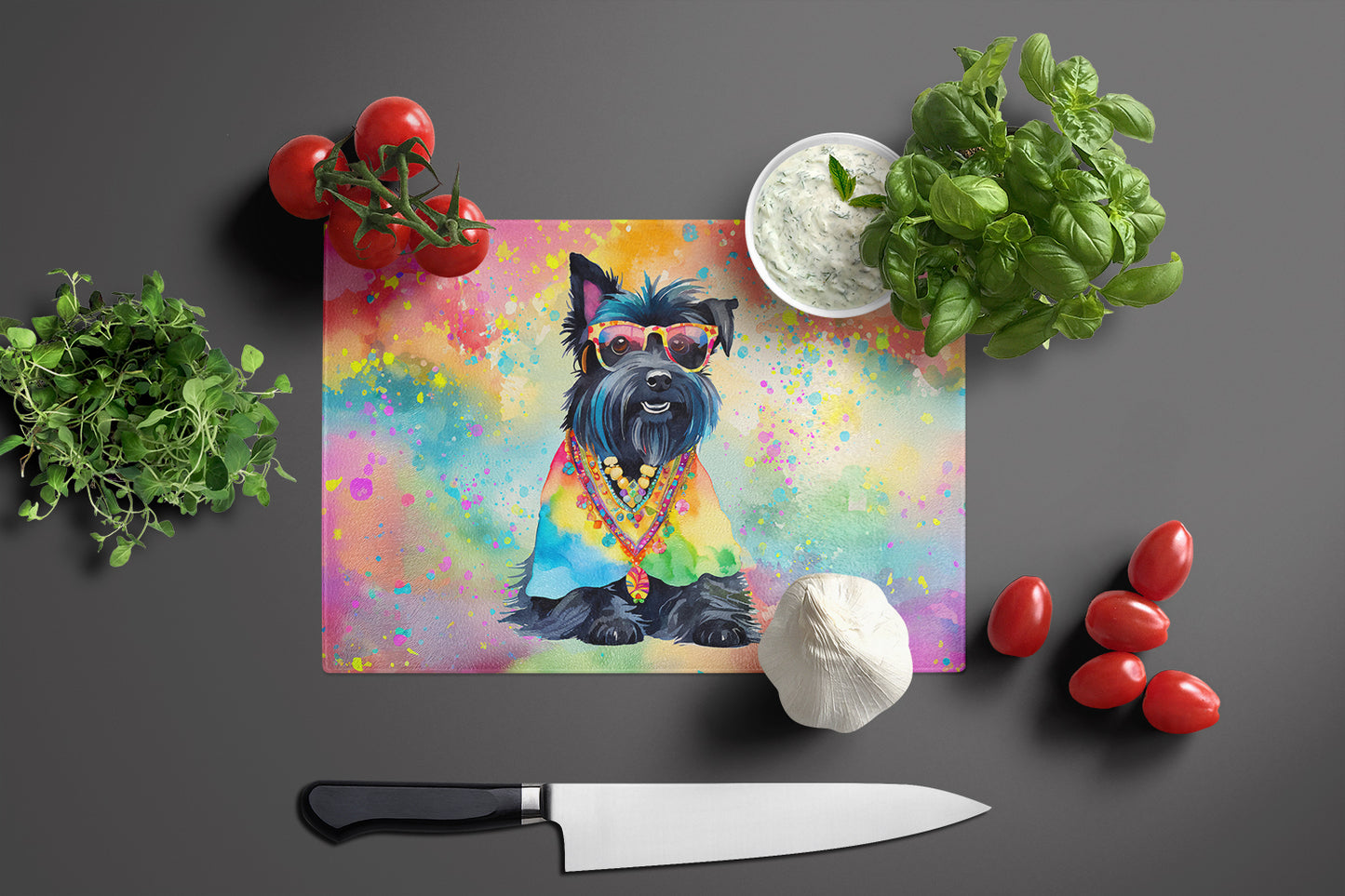 Scottish Terrier Hippie Dawg Glass Cutting Board